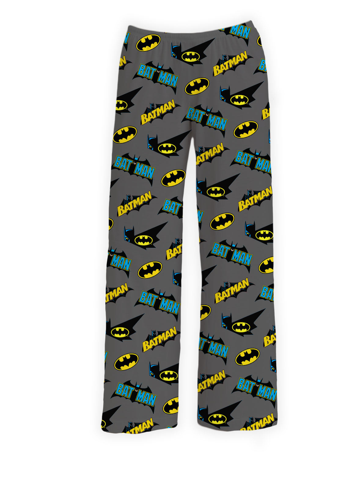 Batman Logo All Over Pajama Pants featuring vibrant yellow Batman logos, blue Batman text, and black bat silhouettes on a gray background – Warner Bros. Discovery