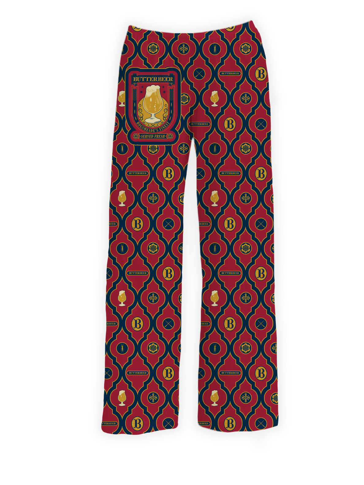 Butterbeer-themed pajama pants featuring vintage-style Butterbeer mug patterns in red, gold, and navy colors, perfect for Harry Potter fans.