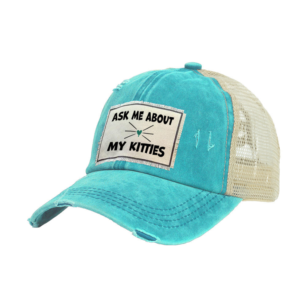 BRIEF INSANITY Ask Me About My Kitties Vintage Distressed Trucker Adult Hat