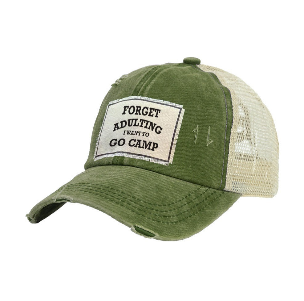 BRIEF INSANITY Forget Adulting I Want To Go Camp Vintage Distressed Trucker Adult Hat
