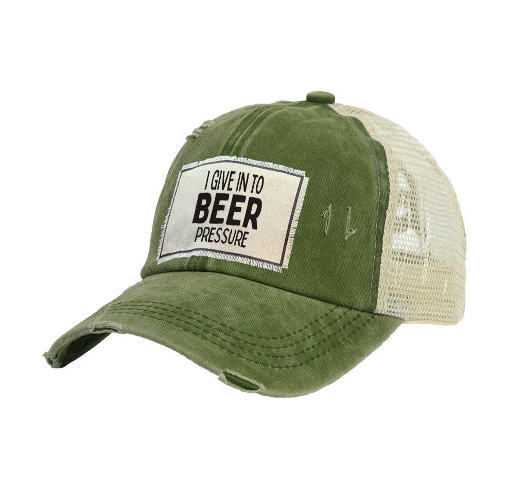 BRIEF INSANITY I Give In To Beer Pressure Vintage Distressed Trucker Adult Hat