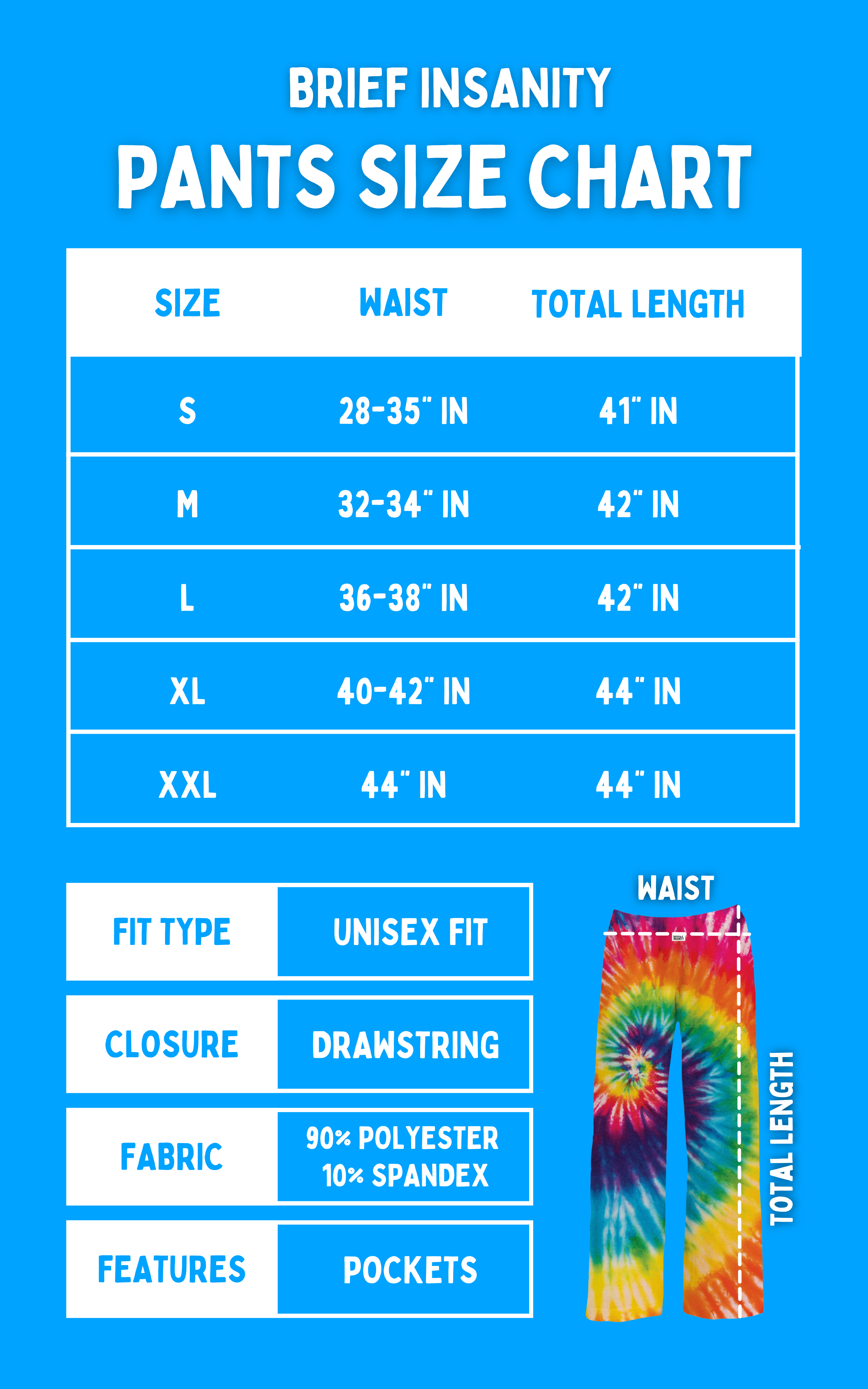 Brief Insanity Unisex Pants Size Chart