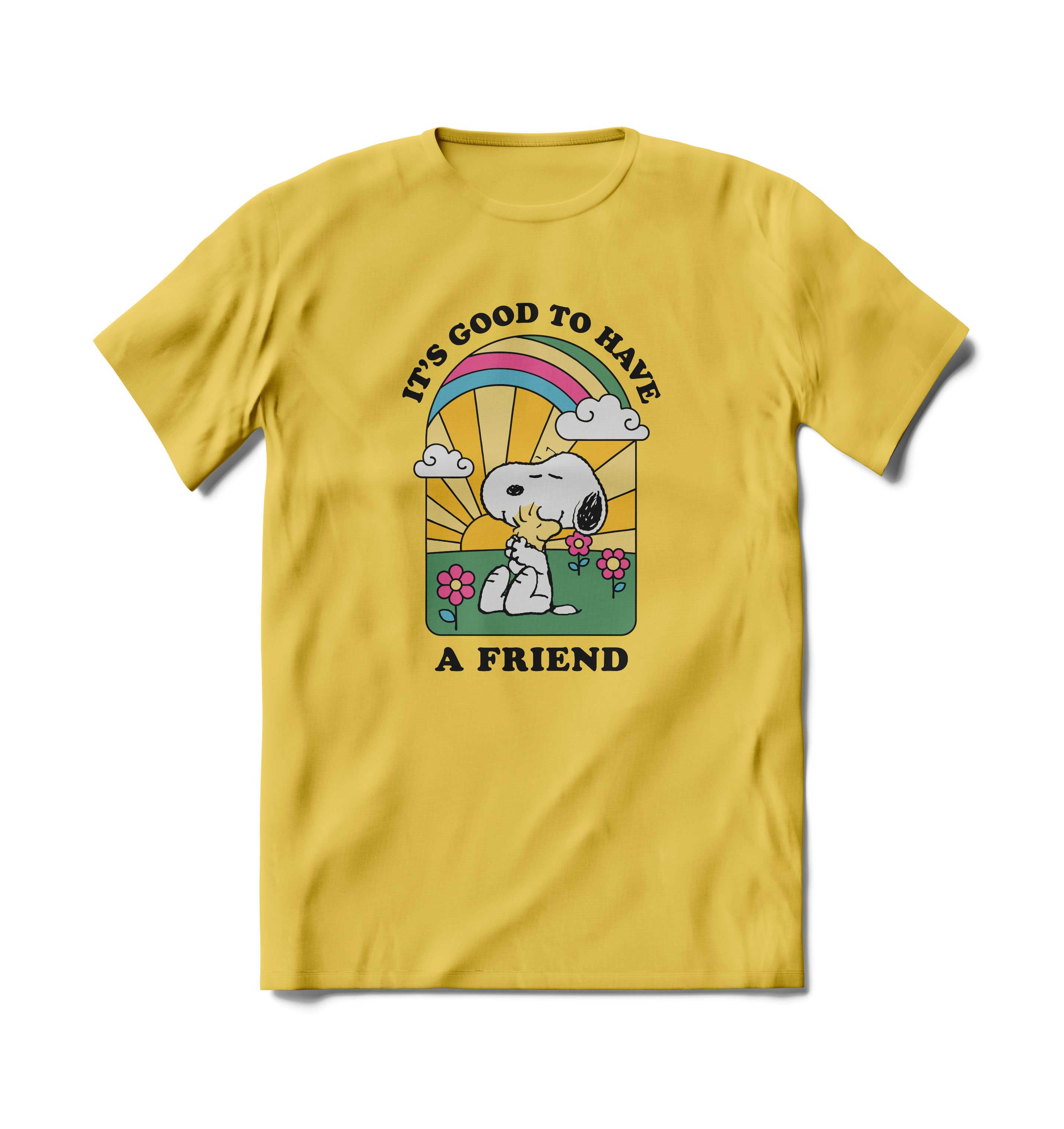 Snoopy with a rainbow saying "It's Good to have a friend" on a yellow T-shirt.